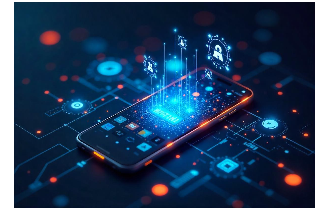 Smartphone displaying AI, IoT, and 5G features in mobile app development.